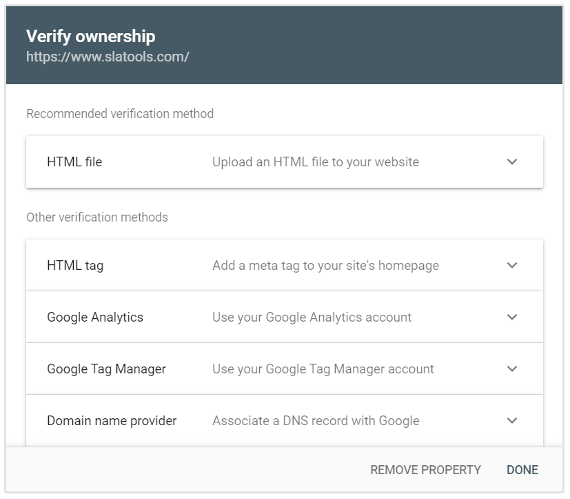 Options de vérification d'URL Google Search Console